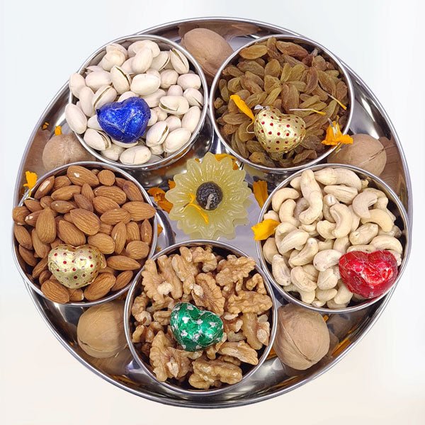 Decorated Steel Tray with Assorted Dry Nuts, Candle, and Sweets - Flowers to Nepal - FTN