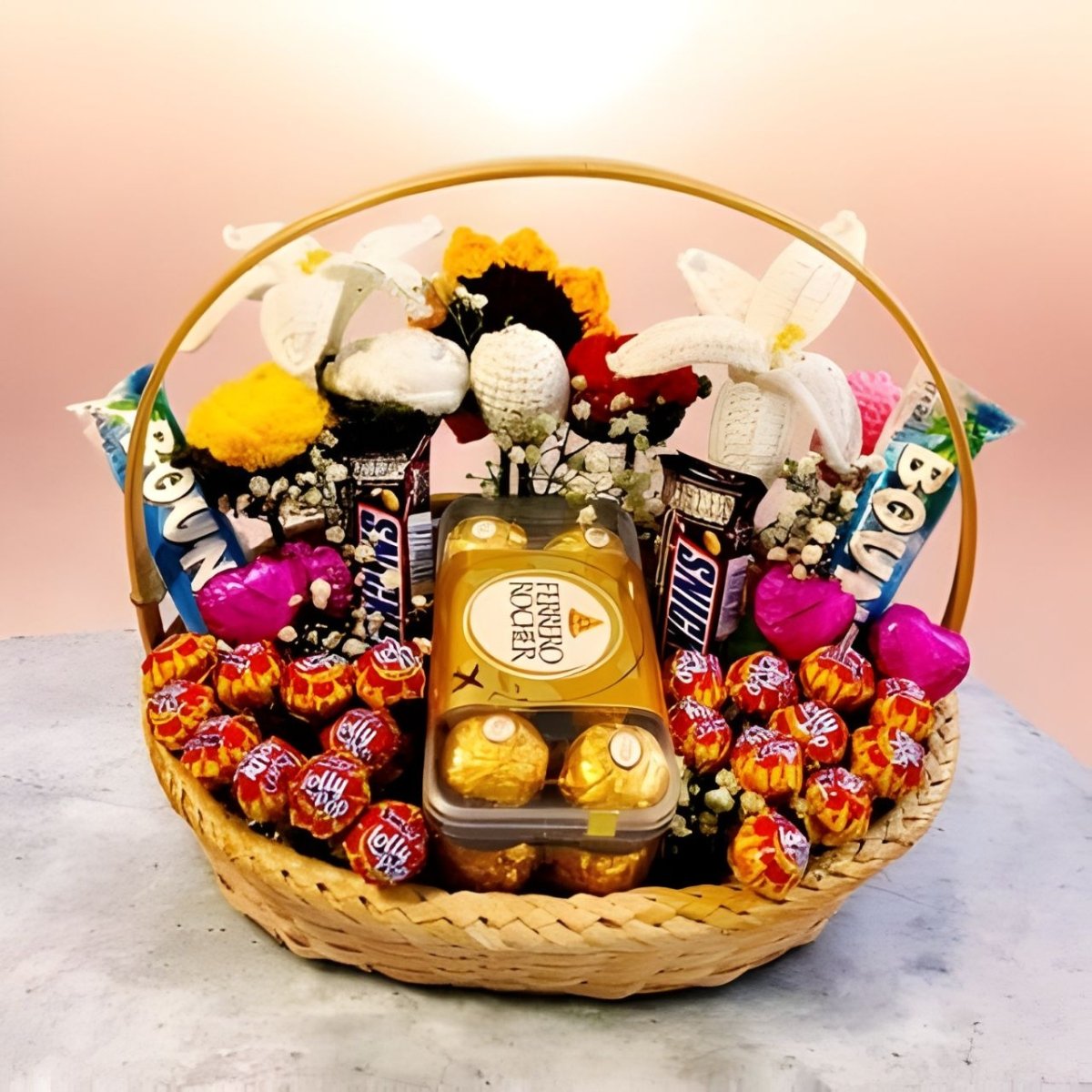 Delight Chocolates & Crochet Flowers Basket - Flowers to Nepal - FTN