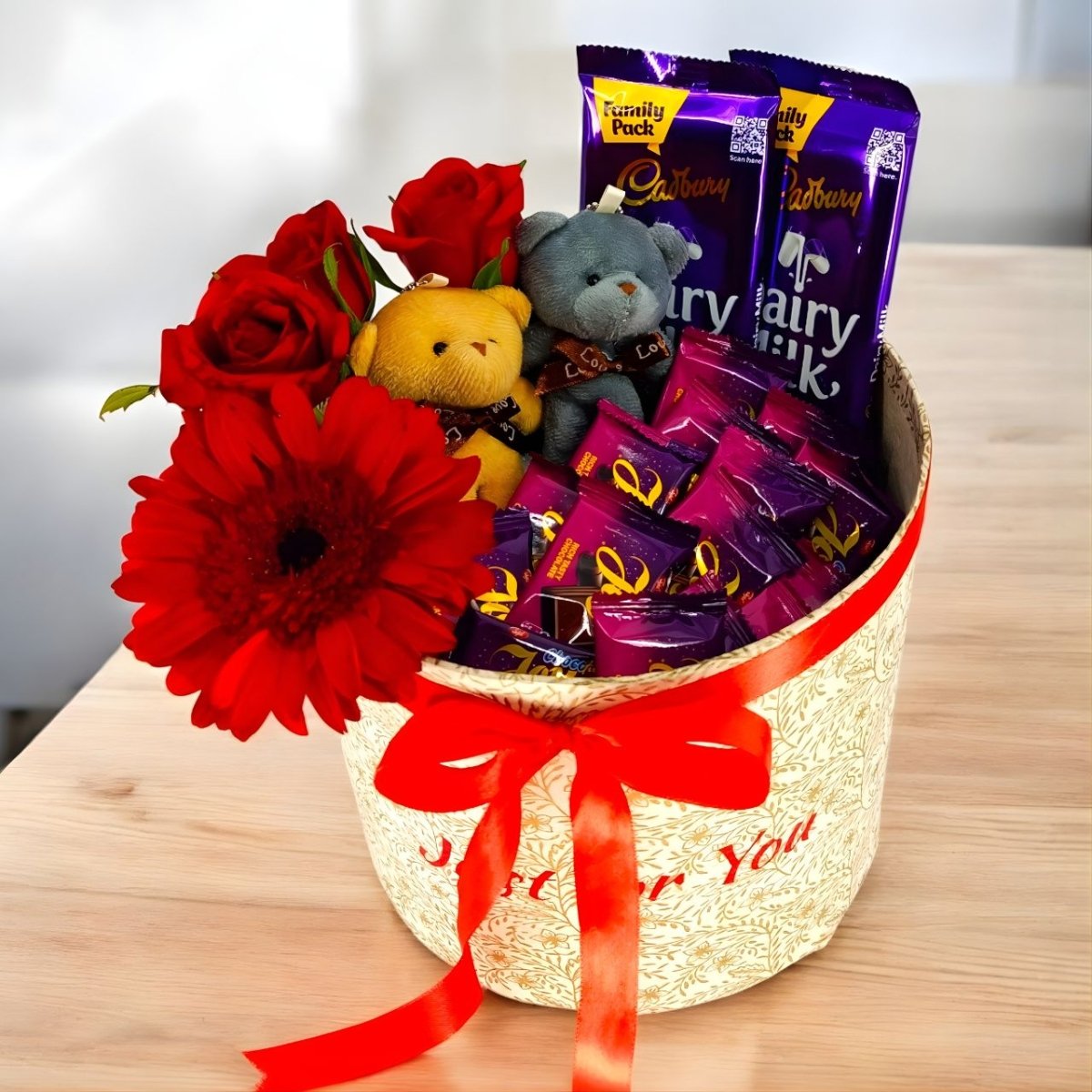 Delight Fresh Flowers, Teddy Charms & Chocolates Gift Box - Flowers to Nepal - FTN