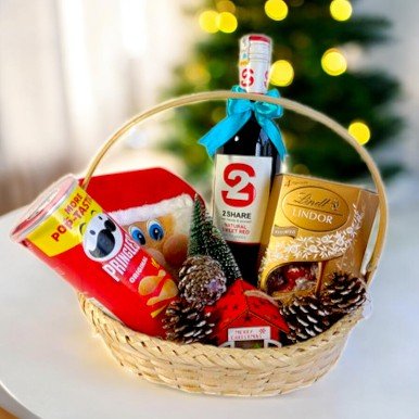 Delight Wine, Christmas Decor & Snacks Basket Hamper - Flowers to Nepal - FTN