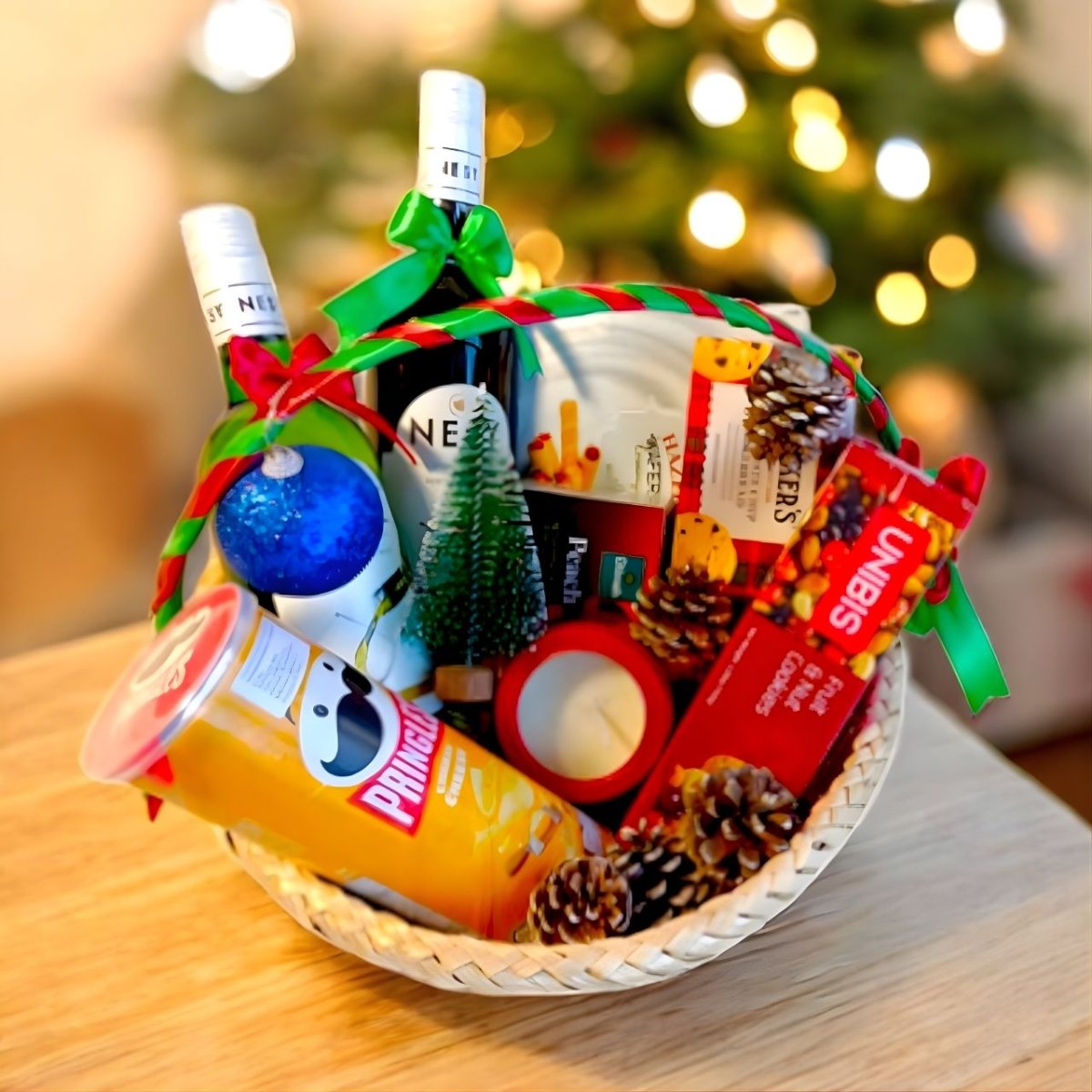 Delight Wine, Snacks & Christmas Decor Gift Basket - Flowers to Nepal - FTN