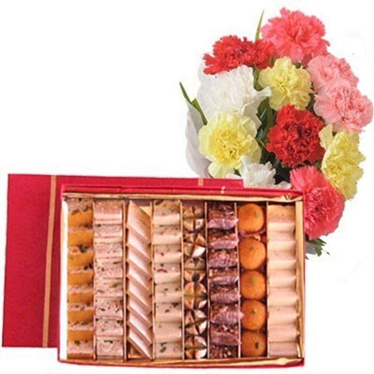 Dozen Carnations & 1kg Assorted Mithai - Flowers to Nepal - FTN