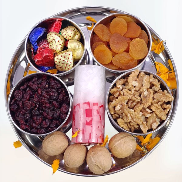 Dried Fruits & Nuts, Candle Decorated Tray - Flowers to Nepal - FTN