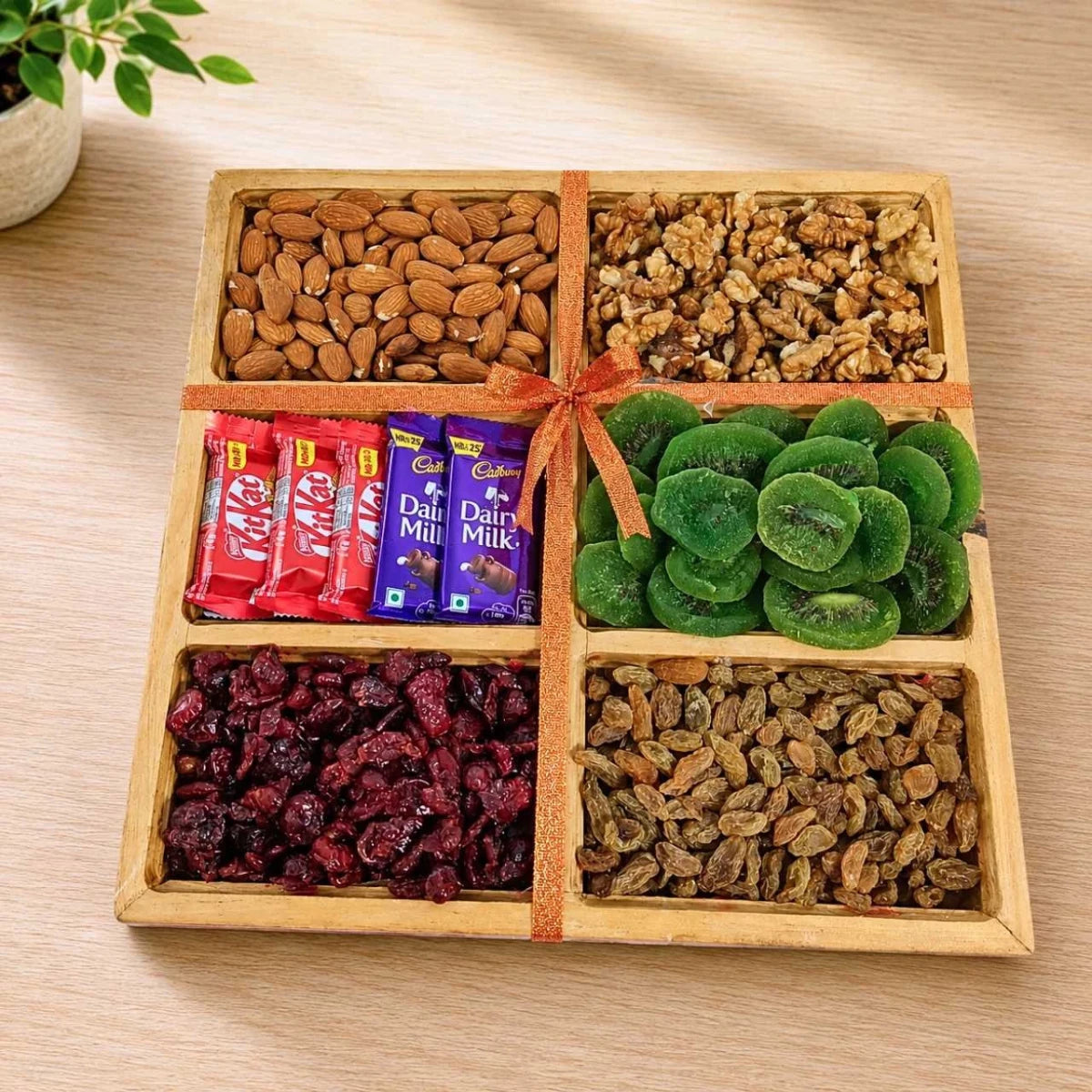 Dry Fruits & Chocolate Wooden Tray - Flowers to Nepal - FTN