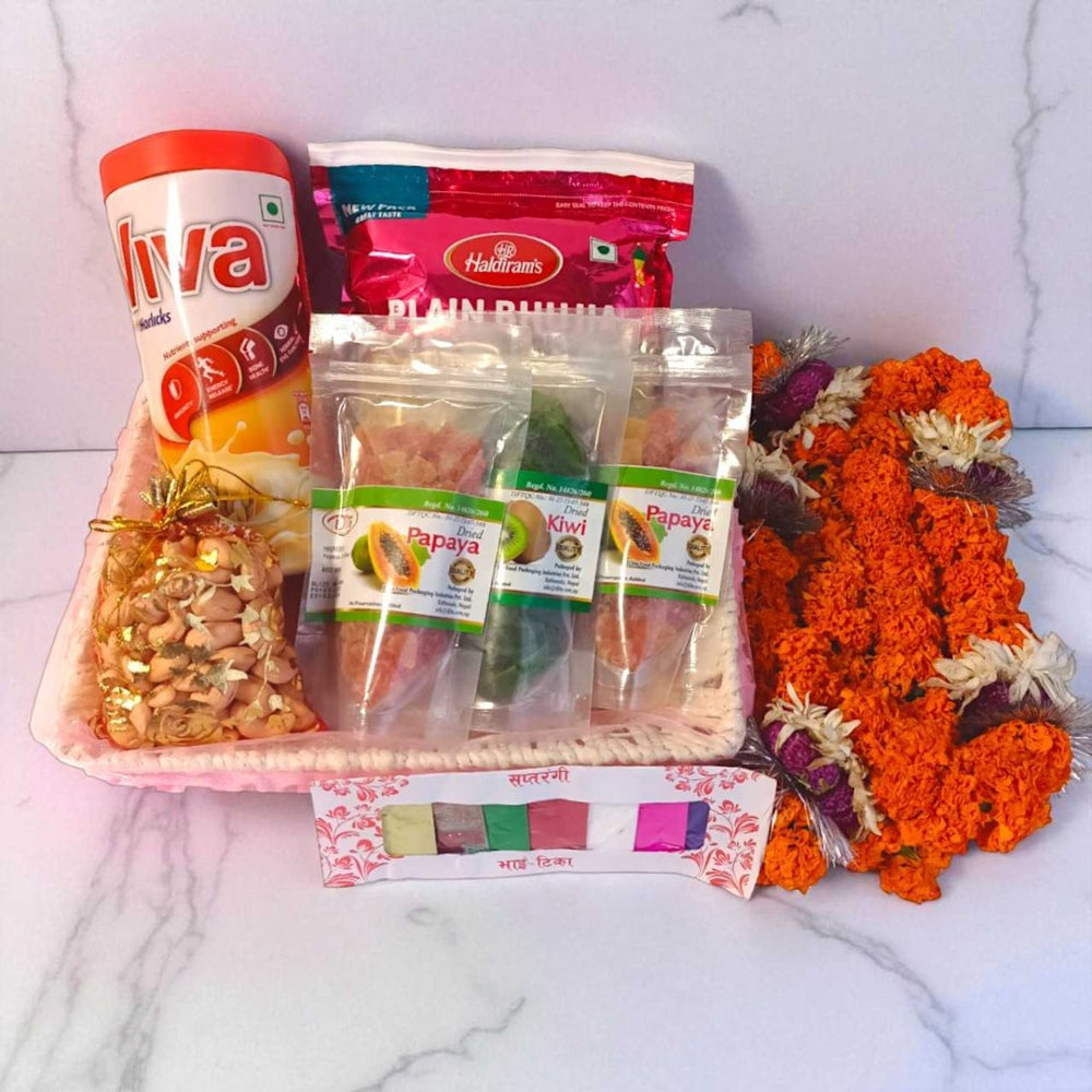 Dry Fruits, Snacks & Sayapatri Mala Combo - Flowers to Nepal - FTN