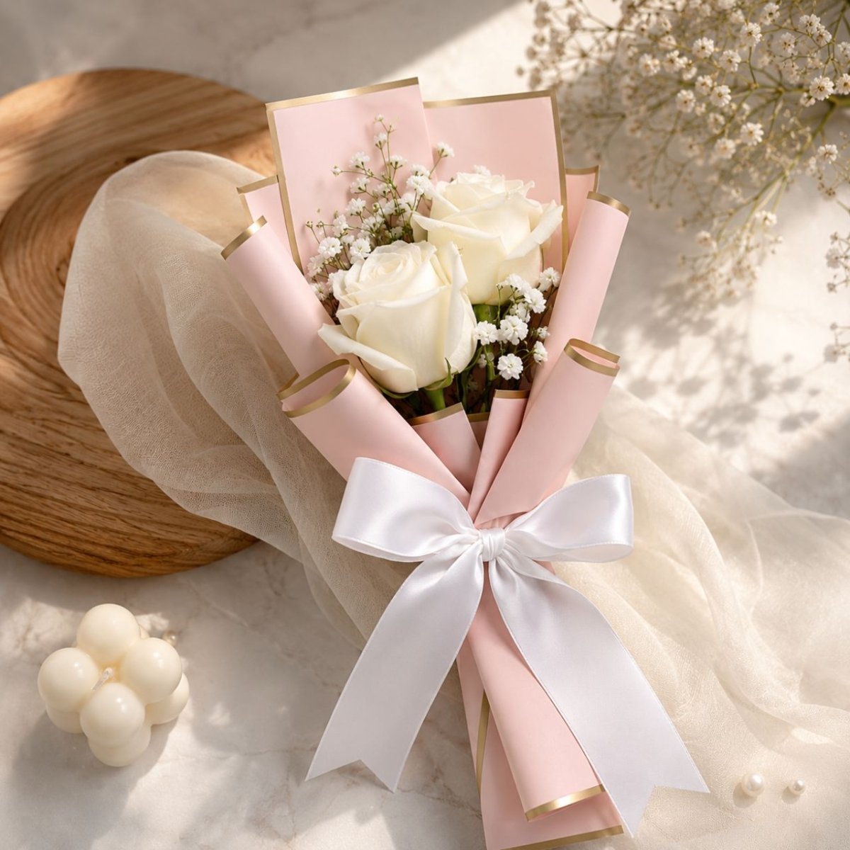 Duo White Roses with Gypsies Bouquet - Flowers to Nepal - FTN
