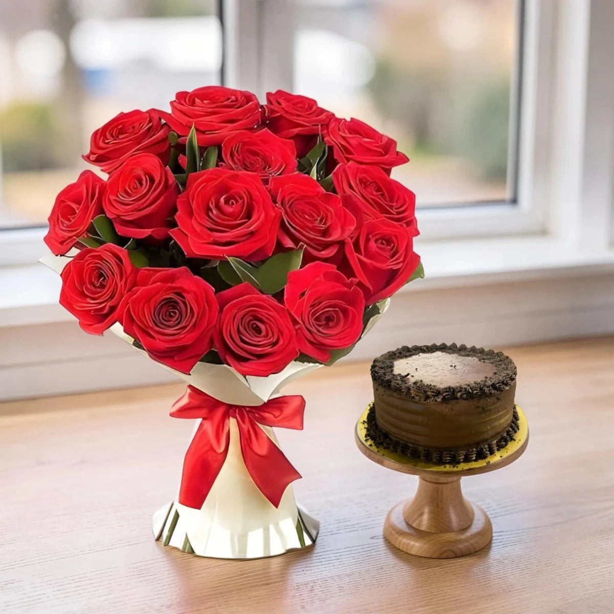 Elegant 15 Roses Gift Set with Chocolate Mini Cake - Flowers to Nepal - FTN
