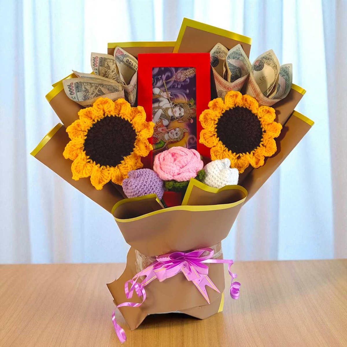 Elegant Crochet Floral Bouquet with Cash Notes & Envelope Box - Flowers to Nepal - FTN