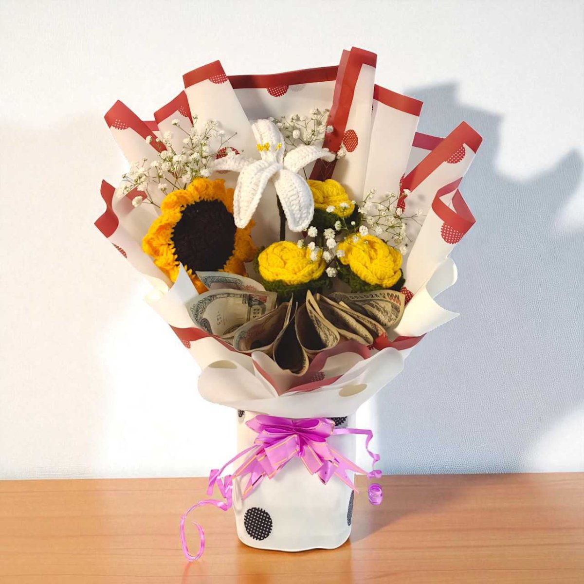 Elegant Crochet Floral & Cash Gift Bouquet - Flowers to Nepal - FTN