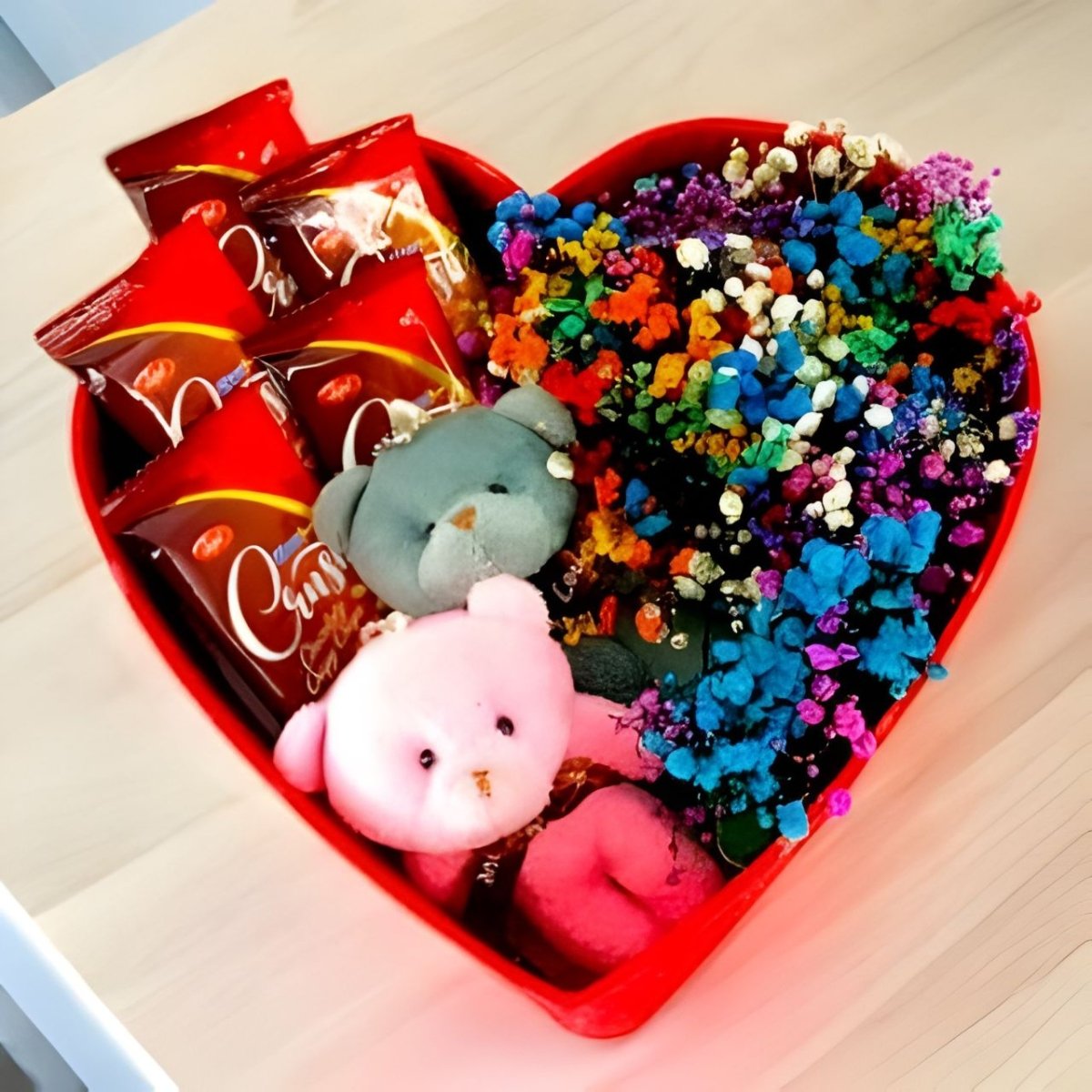 Elegant Dried Gypsy Gift Box with Mini Teddies & Chocolates - Flowers to Nepal - FTN