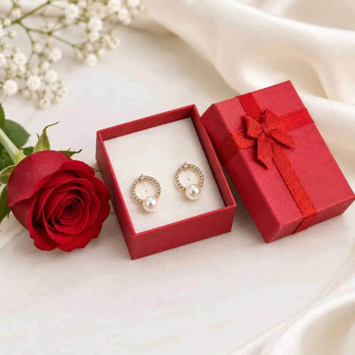 Elegant Earrings & Red Rose Gift Set - Flowers to Nepal - FTN