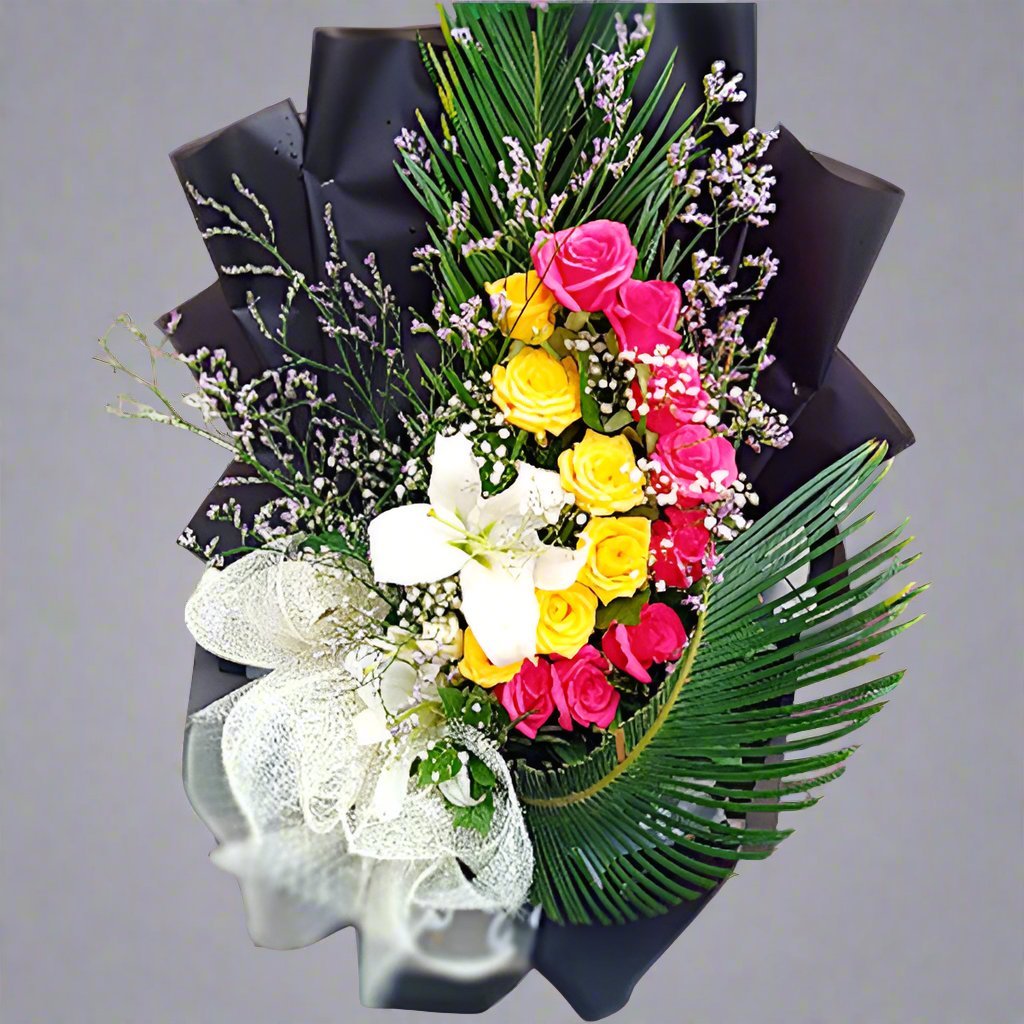 Elegant Harmony: Pink & Yellow Roses, Lilies, and Green Accents - Flowers to Nepal - FTN