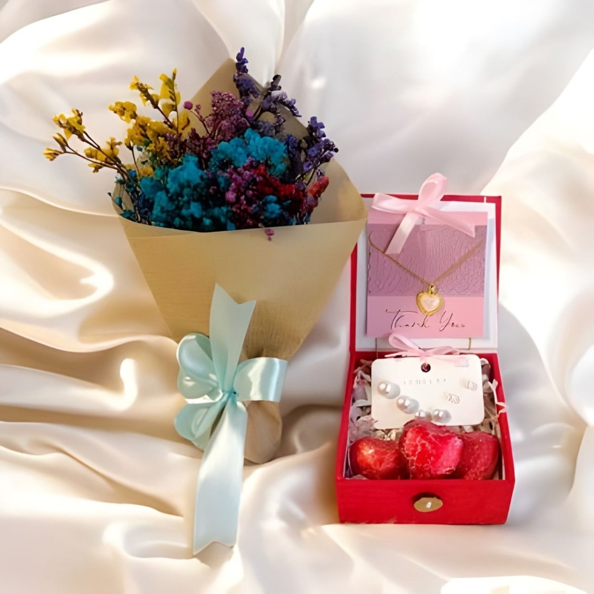 Elegant Jewellery Gift Box with Chocolates & Dried Gypsy Bouquet - Flowers to Nepal - FTN