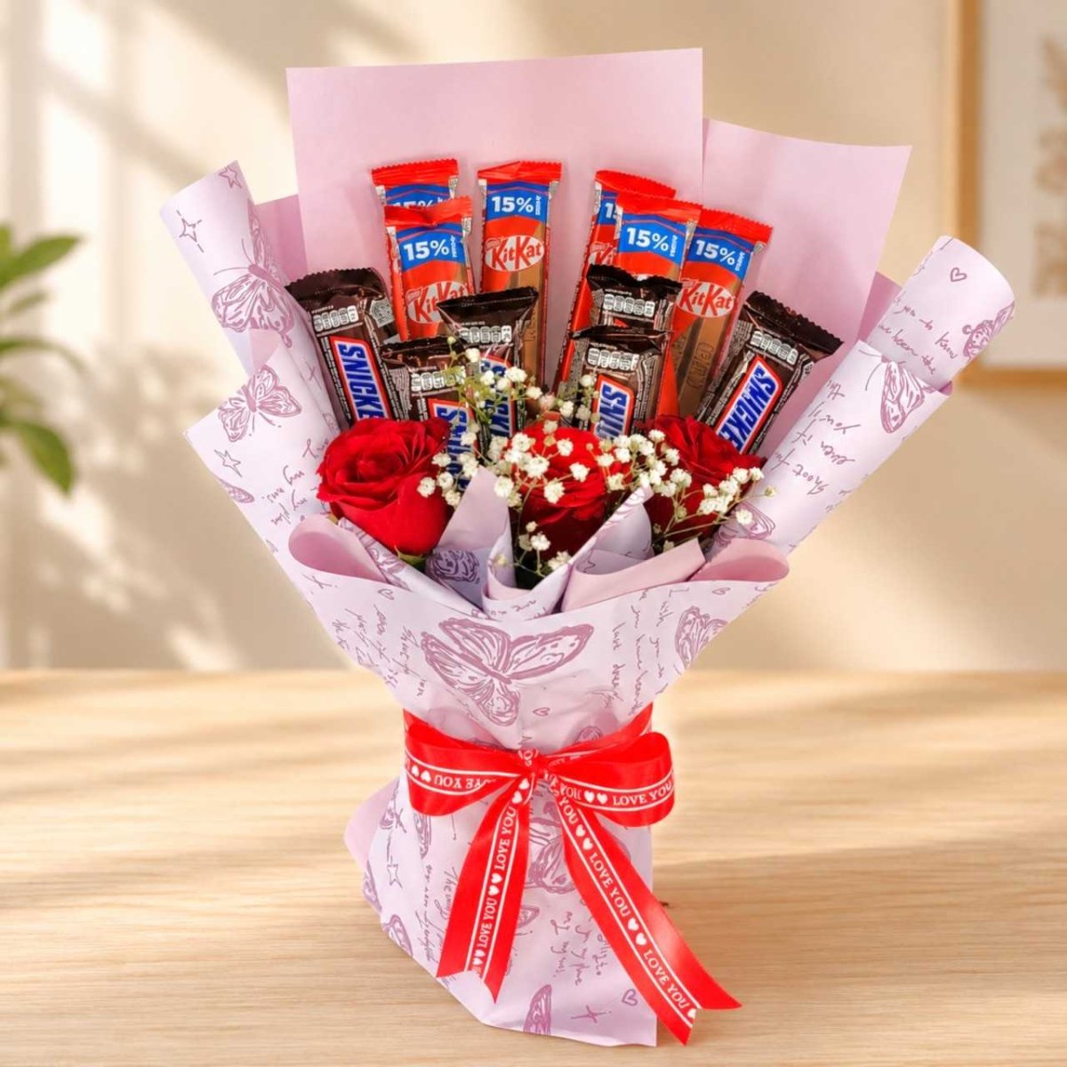 Elegant Love Roses & Chocolates Bouquet - Flowers to Nepal - FTN