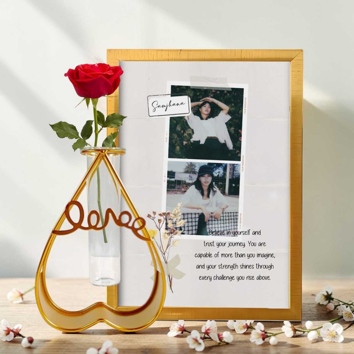 Elegant Love Tube Vase Rose & Photo Frame Gift - Flowers to Nepal - FTN