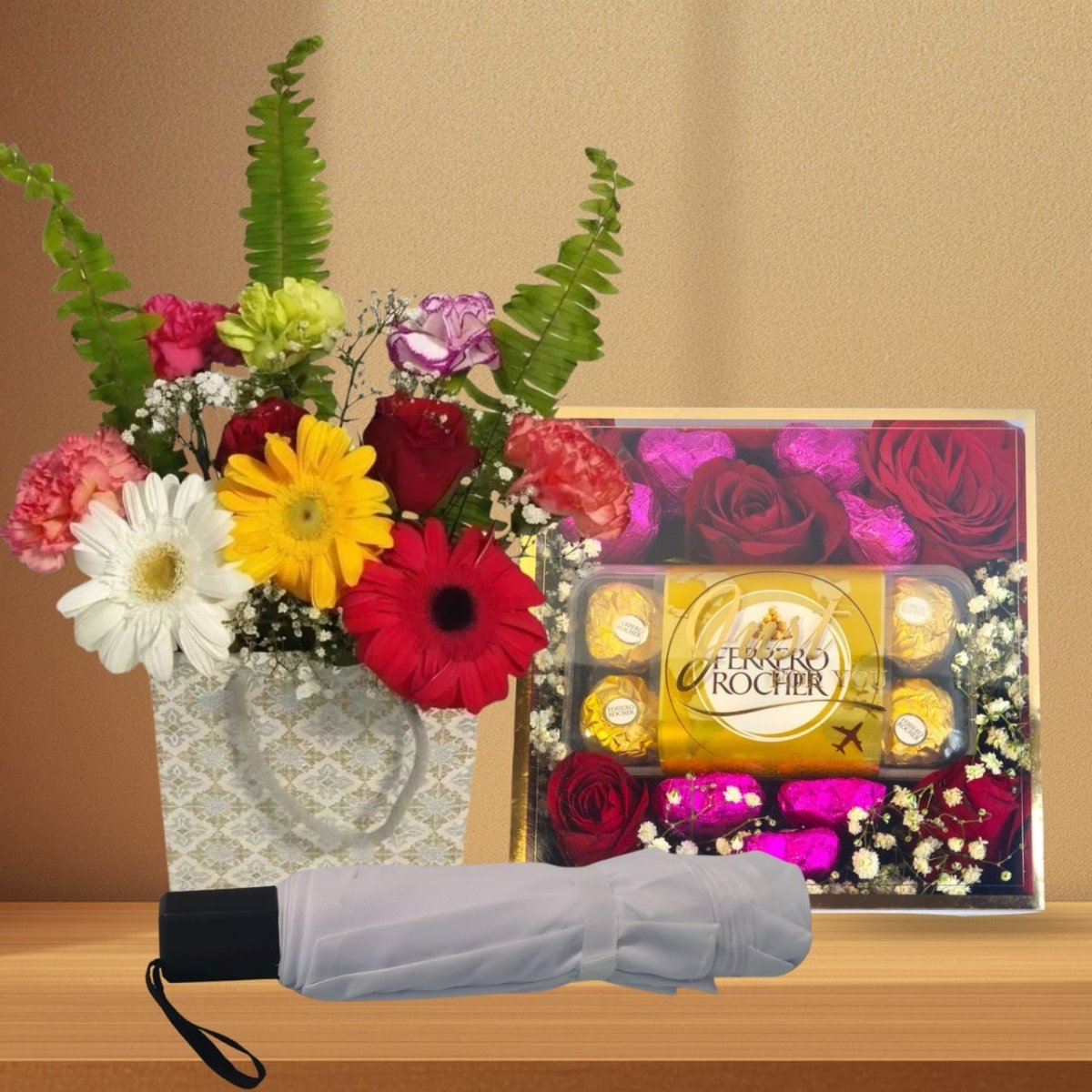Elegant Mixed Flowers, Chocolates & Tulip Umbrella Gift Combo - Flowers to Nepal - FTN