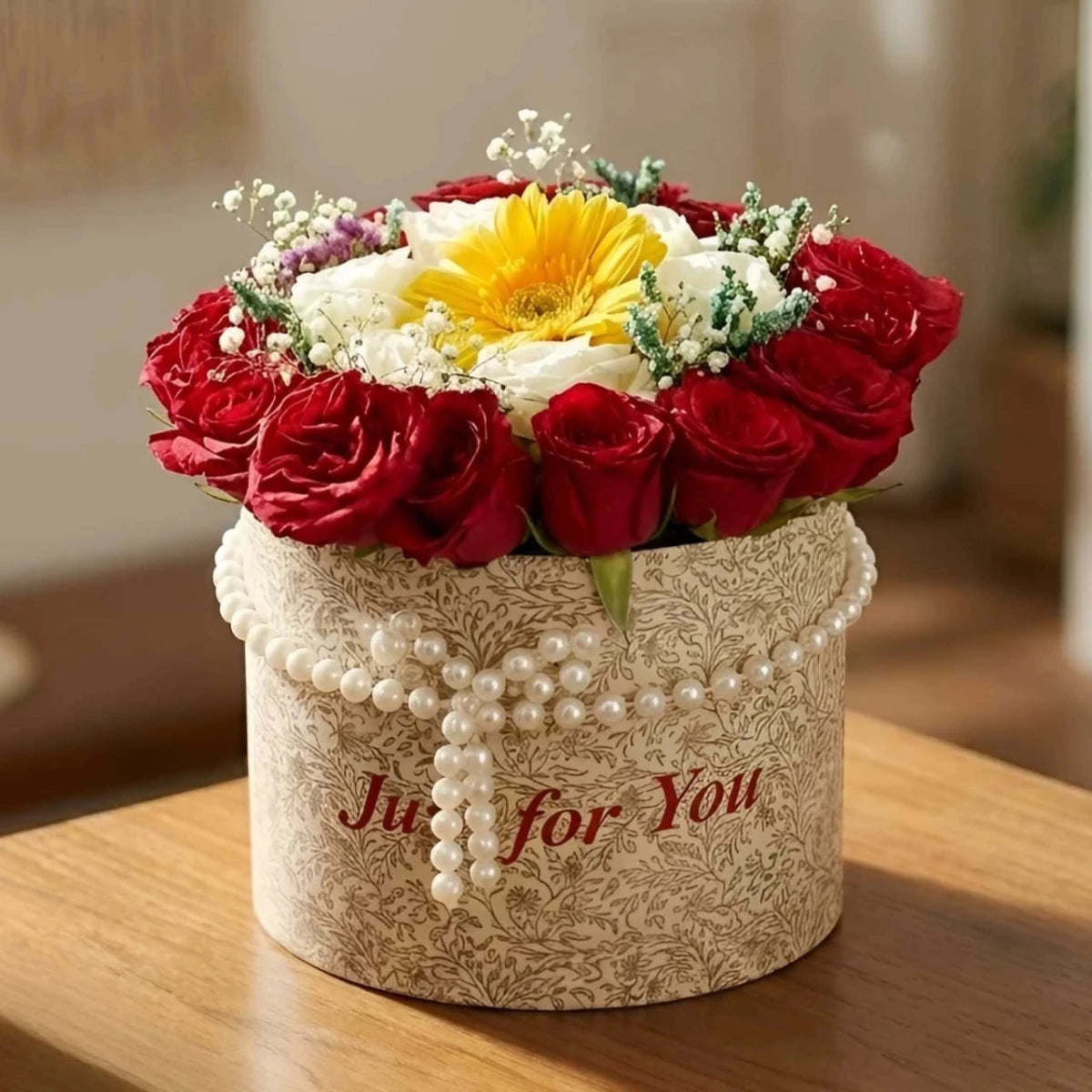 Elegant Mixed Rose & Gerbera Basket with Pearl Decor - Flowers to Nepal - FTN
