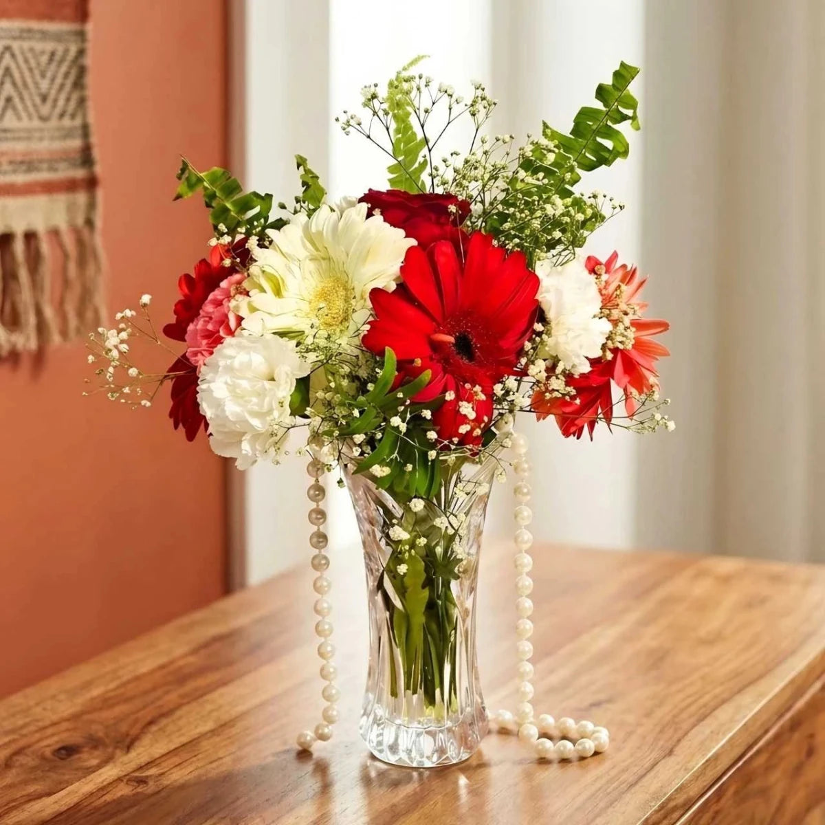 Elegant Multi - Color Floral Vase with Pearl Decoration - Flowers to Nepal - FTN
