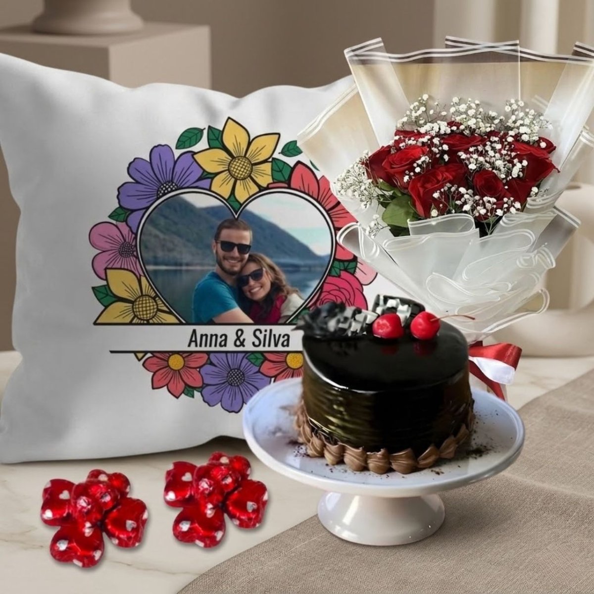 Elegant Rose Bouquet with Cake, Cushion & Chocolates - Flowers to Nepal - FTN