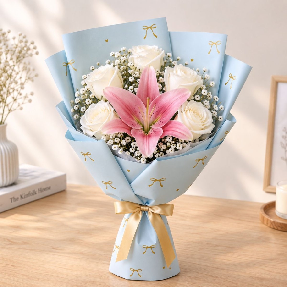 Elegant White Rose & Pink Lily Bouquet - Flowers to Nepal - FTN