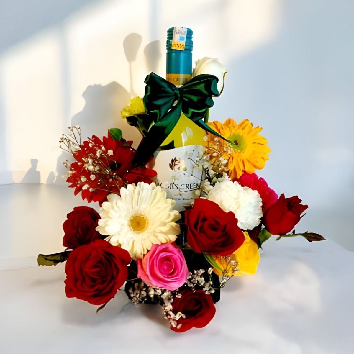 Elegant White Wine & Floral Delight Gift Set - Flowers to Nepal - FTN