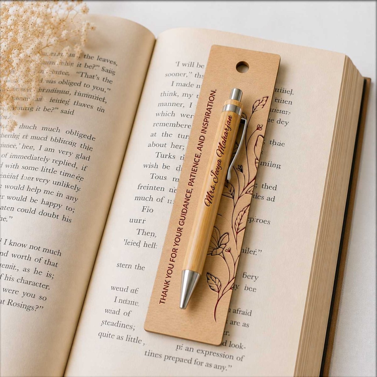Engraved Bamboo Pen & Floral Bookmark - Flowers to Nepal - FTN