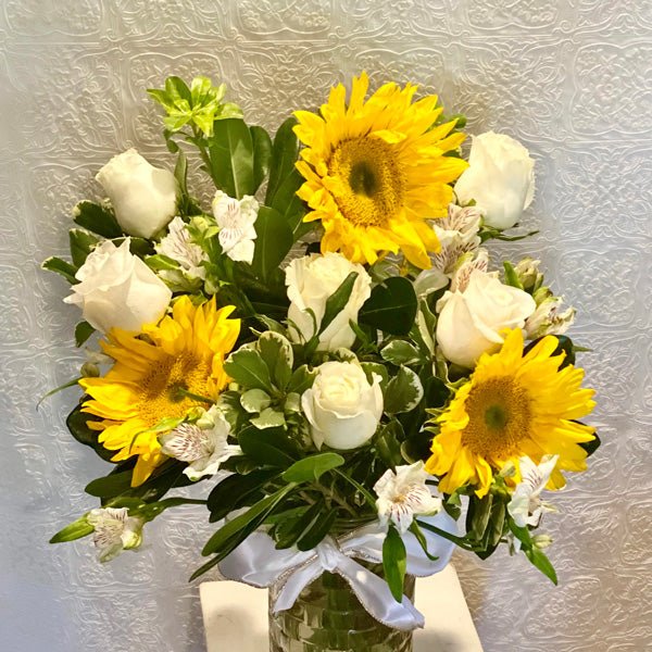 Exquisite Bouquet of Lily, Sunflower, and White Roses - Flowers to Nepal - FTN
