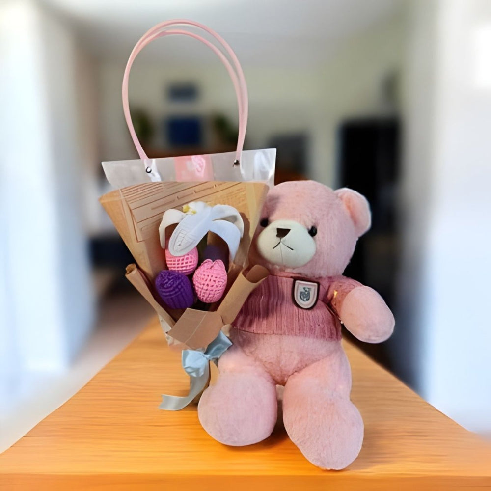 Fairy Lights, Pink Teddy & Crochet Flowers Surprise bag Hamper - Flowers to Nepal - FTN