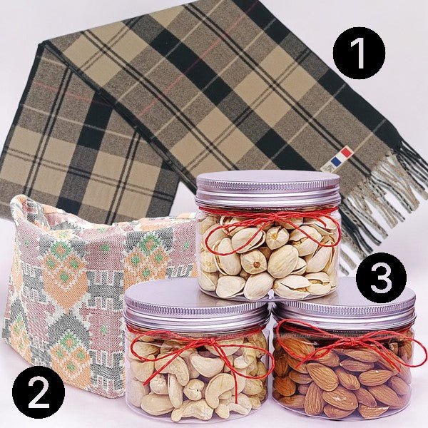 Father's Day Combo: Woolen Muffler, Dhaka Topi & Dry Nuts - Flowers to Nepal - FTN