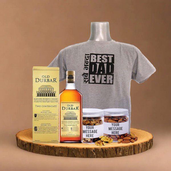 Father's Day Delight Combo Dry nuts, Best Dad T-Shirt & Old Durbar 750ml - Flowers to Nepal - FTN