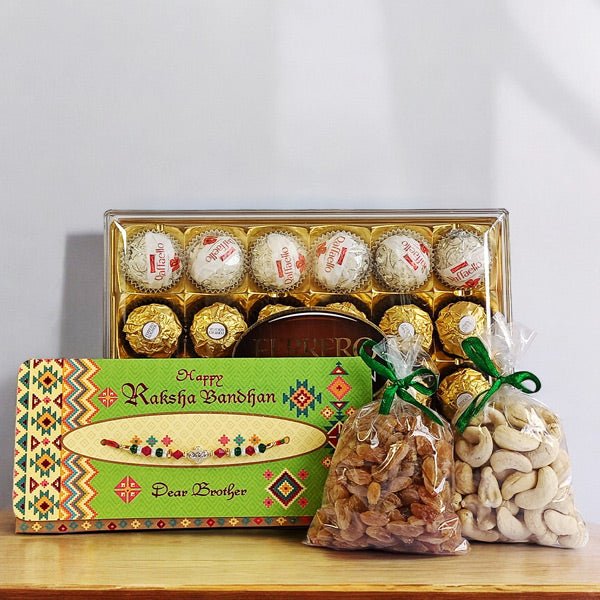 Ferrero and Raffaello Treats with Nuts and Rakhi Card - Flowers to Nepal - FTN