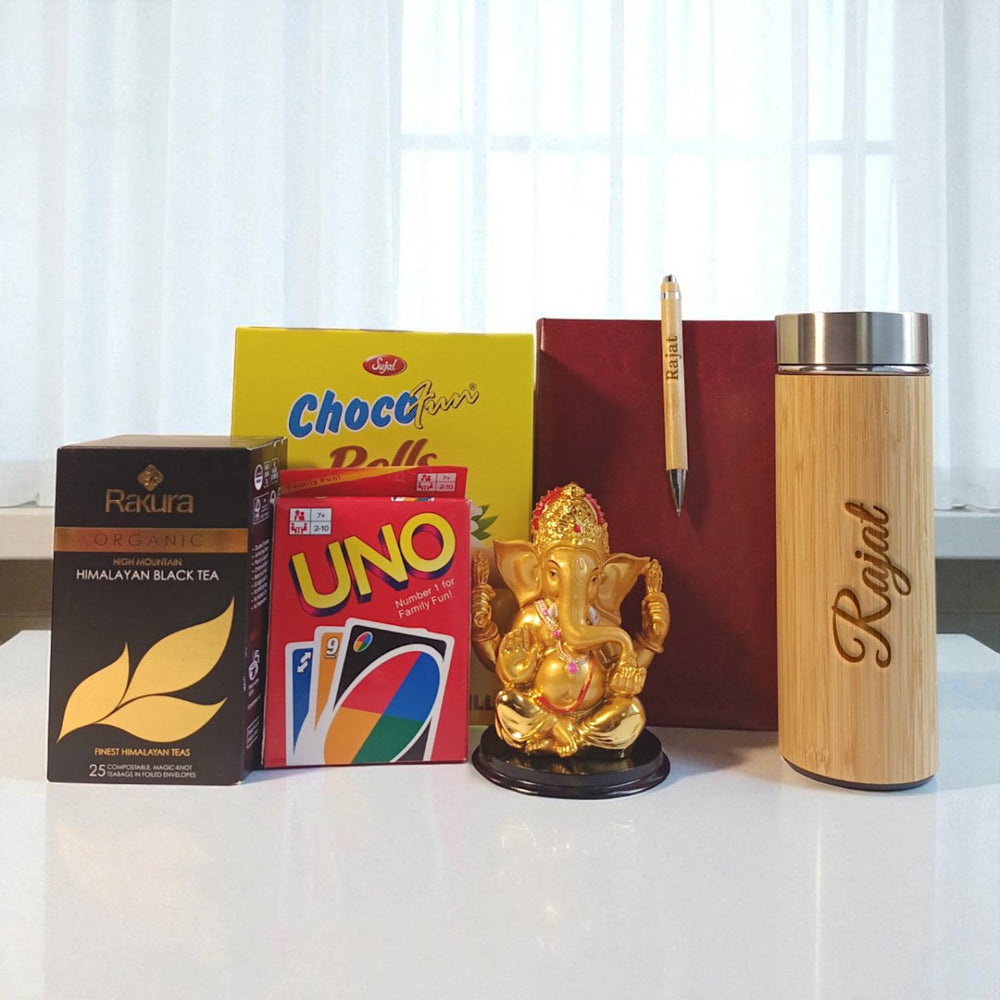 Festive Delight Gift Set with Ganesh Idol, Custom Bottle, Pen & UNO Cards - Flowers to Nepal - FTN