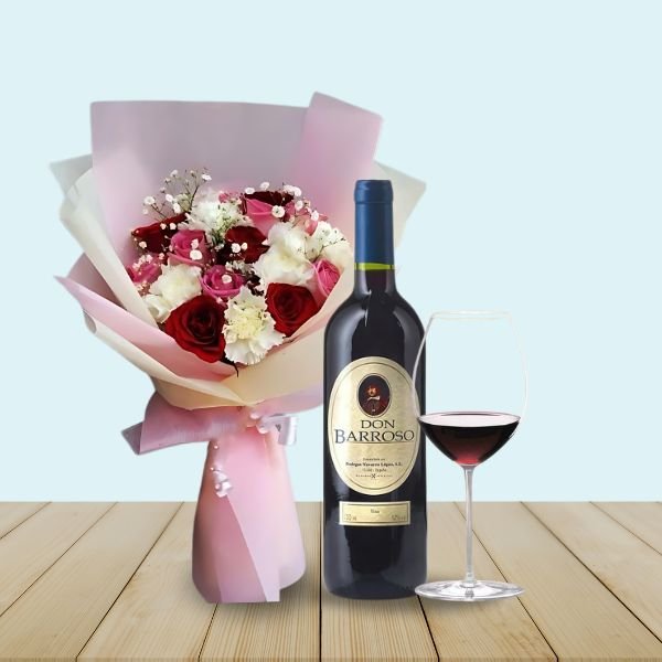 Floral and Fusion Combo (Flowers Bouquet, Red Wine & Glass) - Flowers to Nepal - FTN