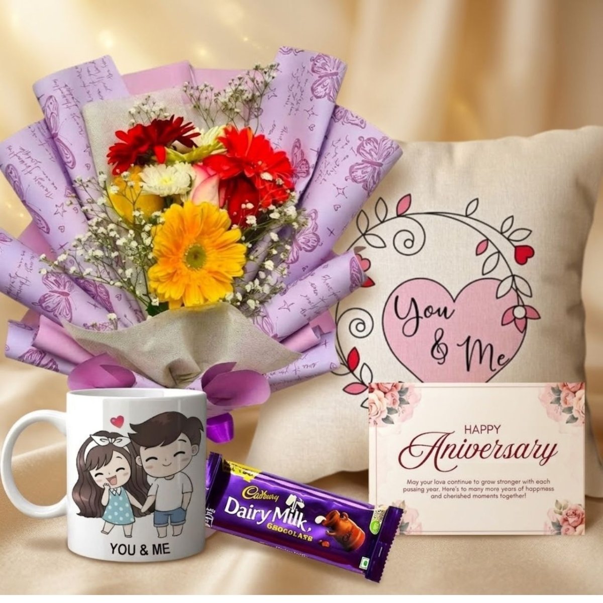 Floral Anniversary Combo with Mug, Cushion & Card - Flowers to Nepal - FTN