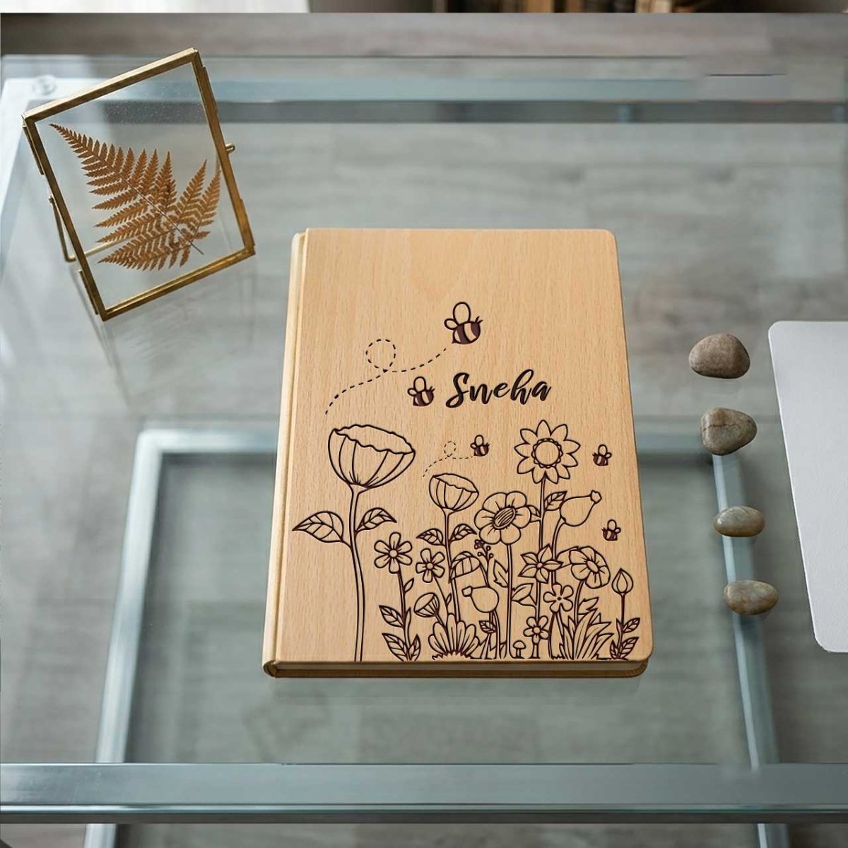 Floral Engraved Wooden Notebook - Flowers to Nepal - FTN