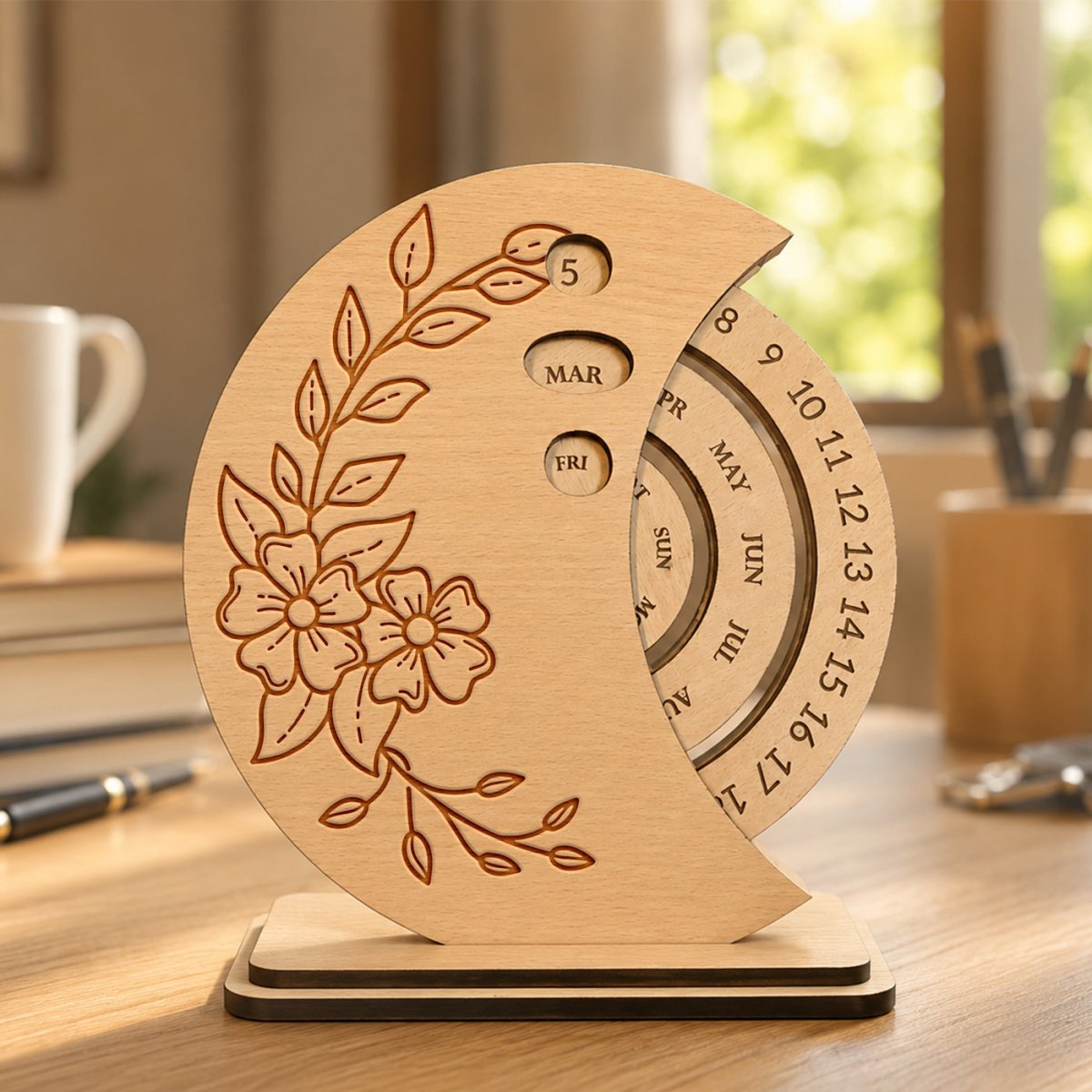 Floral Engraved Wooden Perpetual Calendar - Flowers to Nepal - FTN