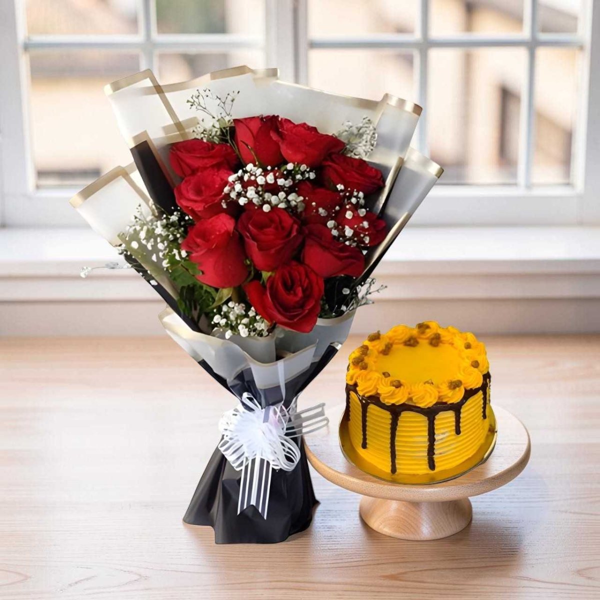 Floral Rose Bouquet with Mini Butterscotch Cake - Flowers to Nepal - FTN