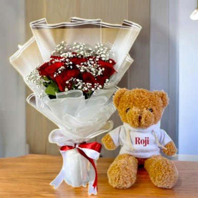Fresh 12 Roses Bouquet with Personalized Teddy - Flowers to Nepal - FTN