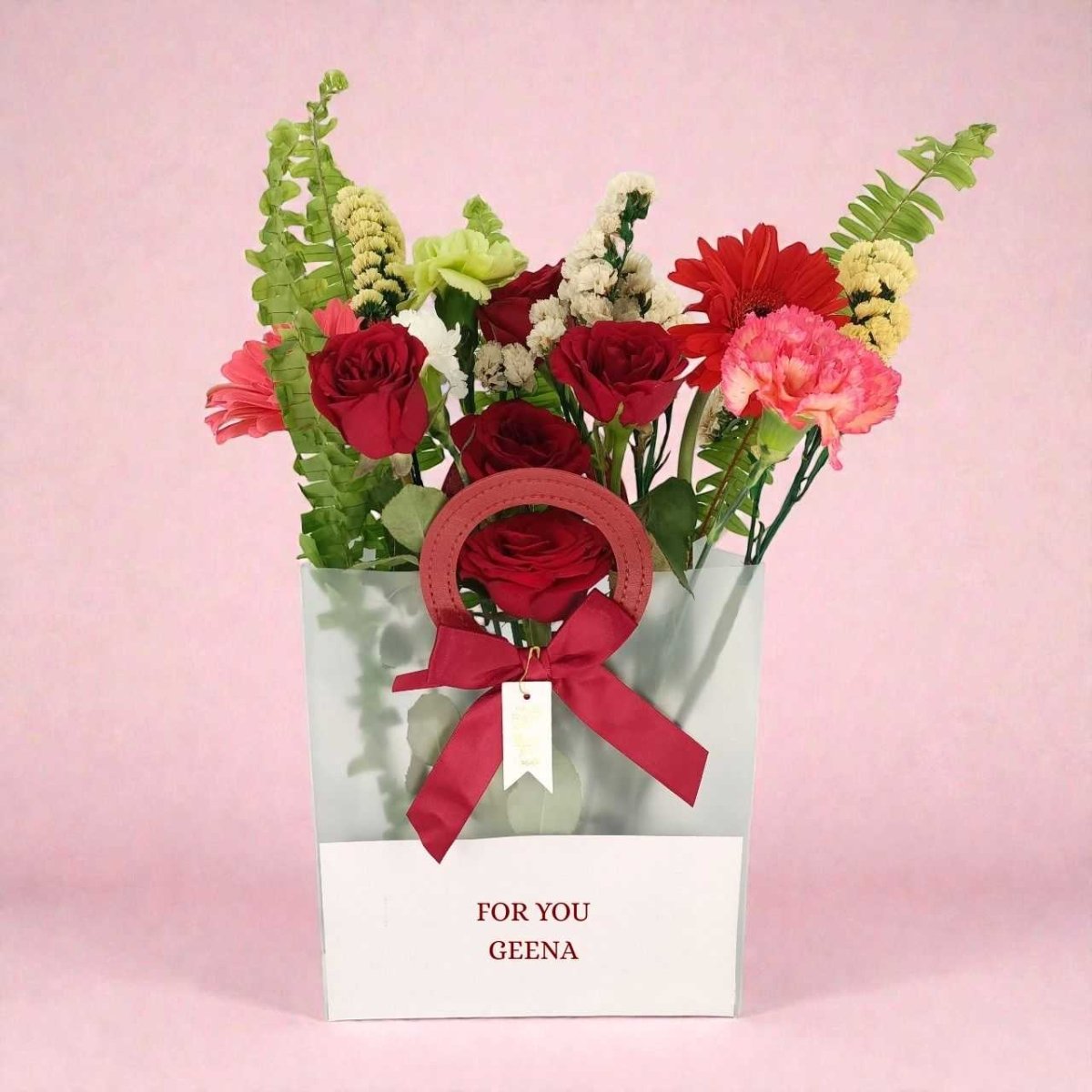Fresh Floral Gift Bag with Roses, Carnations & Gerbera - Flowers to Nepal - FTN