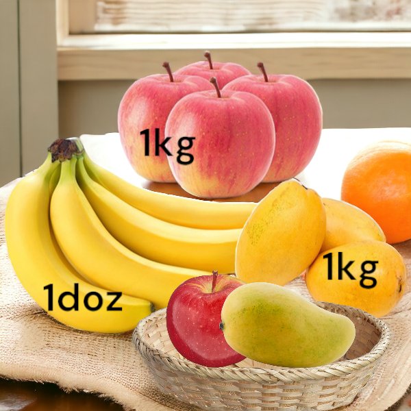 Fresh Fruits Hamper (2kg Fuji Apple, Mango & 1 Dozen Banana) - Flowers to Nepal - FTN