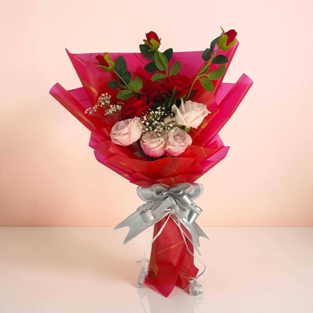 Fresh Pink & Artificial Red Rose Bouquet - Flowers to Nepal - FTN
