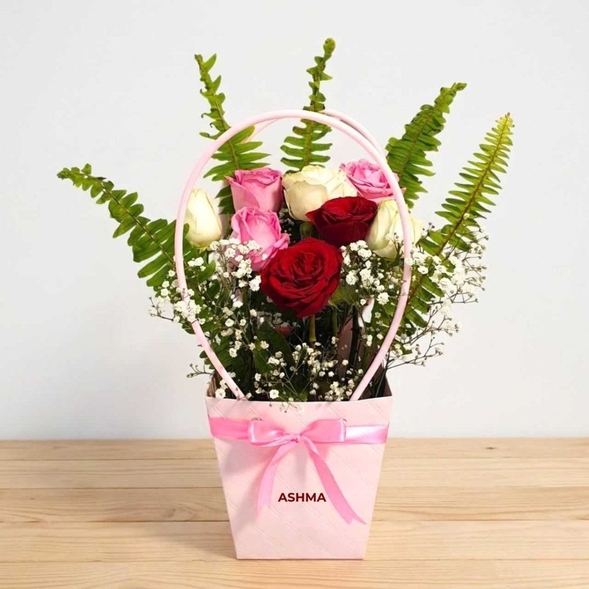 Fresh Red, Pink & White Roses Personalized Basket - Flowers to Nepal - FTN