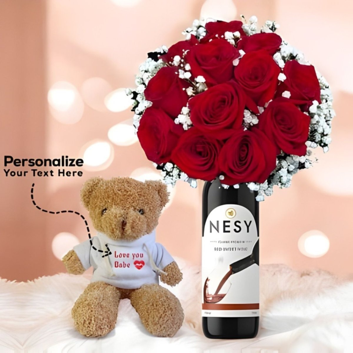 Fresh Rose Bouquet, Red Wine & Personalized Teddy Gift Set - Flowers to Nepal - FTN