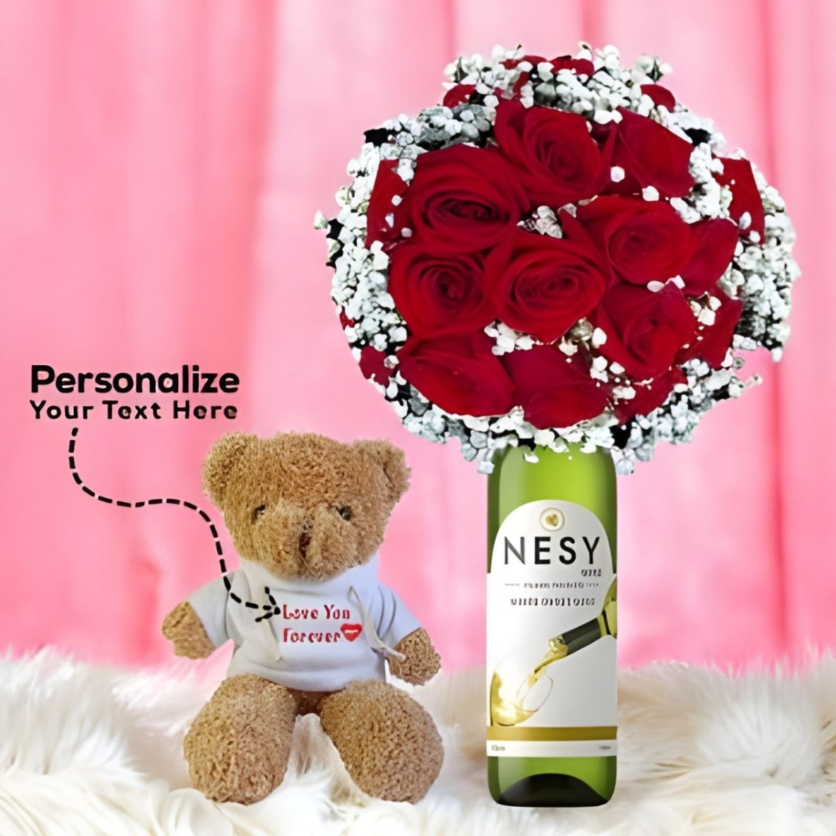 Fresh Rose Bouquet with White Wine 750ml & Personalized Teddy - Flowers to Nepal - FTN