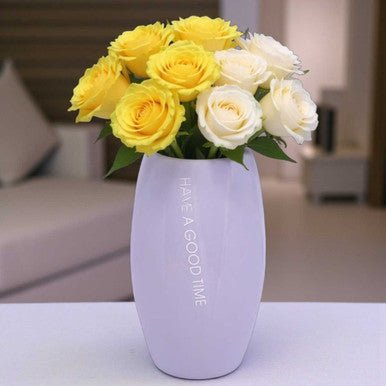 Fresh Yellow & White Roses in Ceramic Vase 9" - Flowers to Nepal - FTN