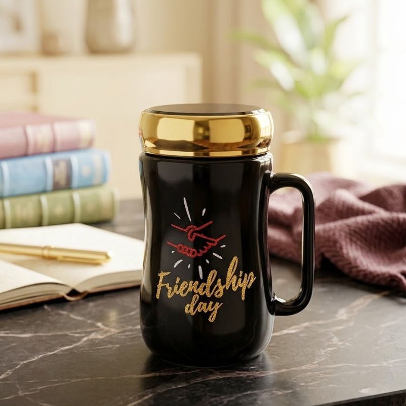 Friendship Day Black Ceramic Mug with Lid - Flowers to Nepal - FTN