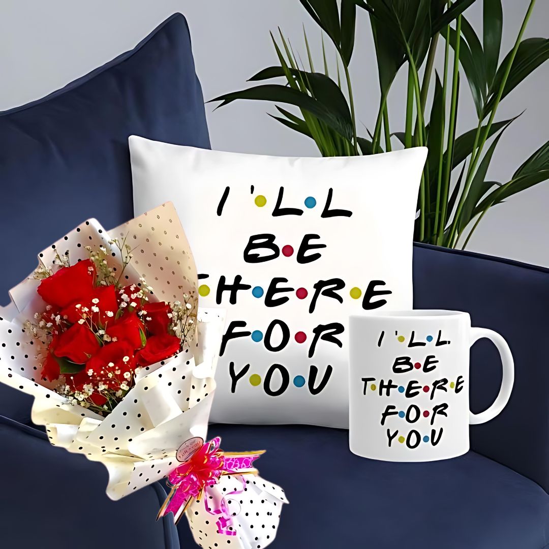 Friendship Day Cushion Mug with Rose Bouquet - Flowers to Nepal - FTN