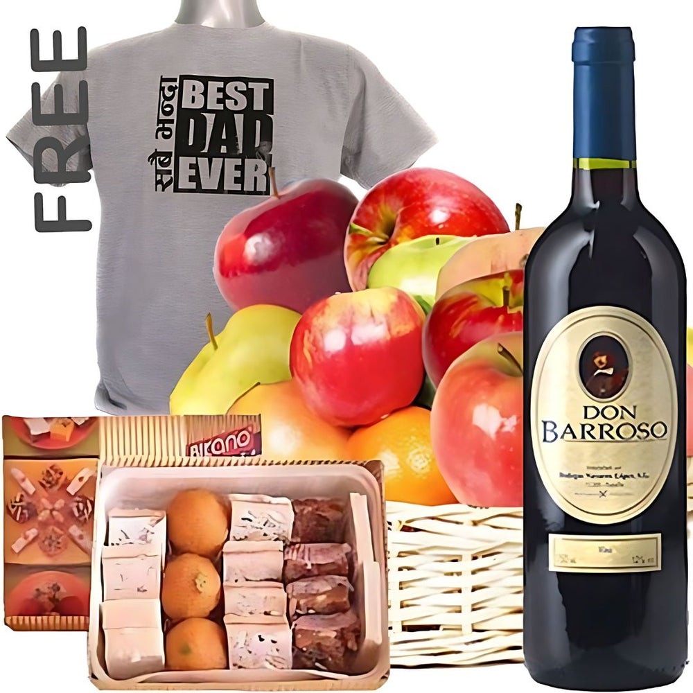 Fruit Basket & Sweet Wine with Mithai + FREE Father's Day T-Shirt - Flowers to Nepal - FTN