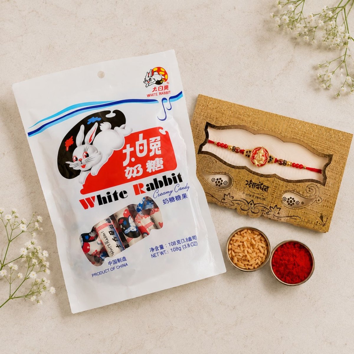 Ganpati Rakhi & White Rabbit Candy Gift Set - Flowers to Nepal - FTN