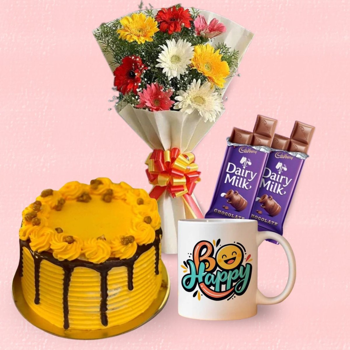 Gerbera Bloom Gift Combo with Mug, Mini Cake & Chocolates - Flowers to Nepal - FTN